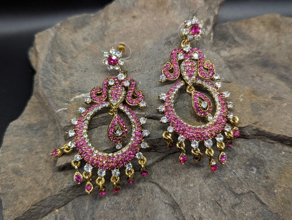 Stunning Indian Style Gold-Coloured Metal Earrings Set with Pink & Clear Crystals