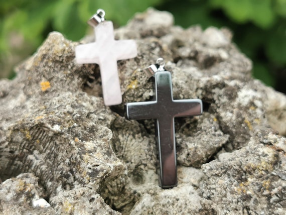 Blue Goldstone, Opalite, Hematite, or Rose Quartz Cross Pendant, with Silver Coloured Hypoallergenic Metal Bale (Crystal / Healing)