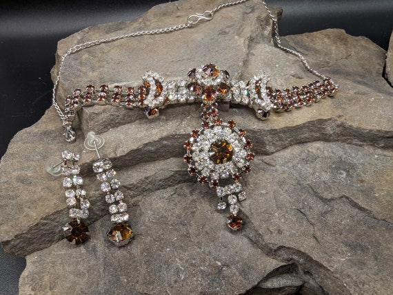 Indian Style Choker/Necklace, Earrings. Silver Coloured Metal, Set with Brown and Clear Crystals.