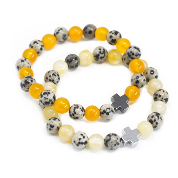 Pair of Gemstone Friendship "Protection" Bracelets - Dalmation/Dalmatian Jasper & Yellow Agate (Crystal / Healing)