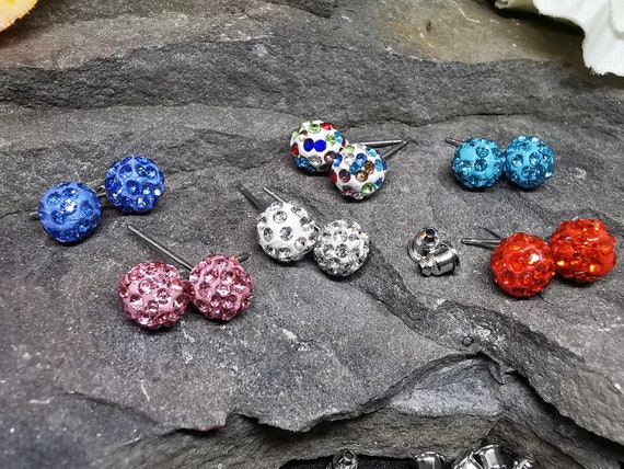 Cute 7mm Diameter Fimo Stud Earrings, Studded with Crystals, set on nickel-free posts with nickel-free backs.