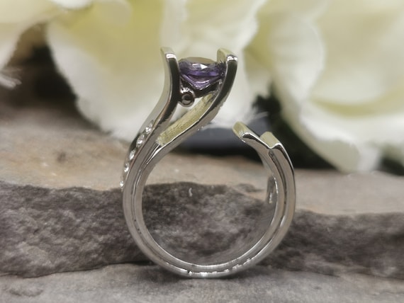 Sparkly Statement Ring. Set with Cubic Zirconia and Faux Amethyst, Silver Coloured Nickel-Free Metal. UK Size M1/2