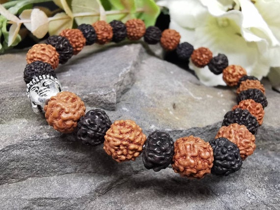 Original Tulsi Beads Bracelet with Rudraksha and Strong Elastic Thread 7.5  inches Length for Men and Women Bracelet Actula Picture Shown - Tulsi Mala