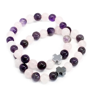 Amethyst and Rose Quartz Bead Semi-Precious Gemstone &quot;Love&quot; Bracelet (Crystal / Healing)