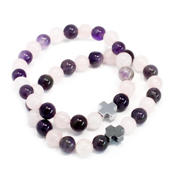 Amethyst and Rose Quartz Bead Semi-Precious Gemstone "Love" Bracelet (Crystal / Healing)