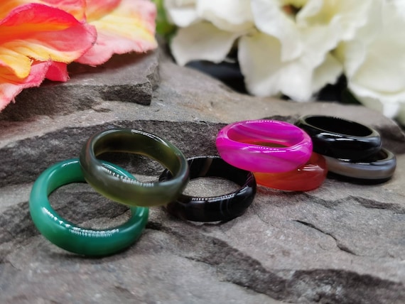 Various Coloured Natural Agate Rings, 6mm Wide, UK Size N1/2