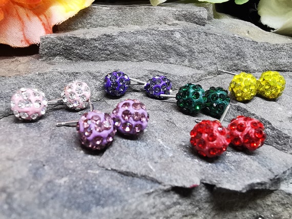 Cute 7mm Diameter Fimo Stud Earrings, Studded with Crystals, set on nickel-free posts with nickel-free backs.