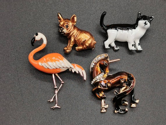 Choice of Dog, Cat, Flamingo, Unicorn brooch/pin. Enamel and Metal. Diamante accents. Animal Brooches. Animal Pins.