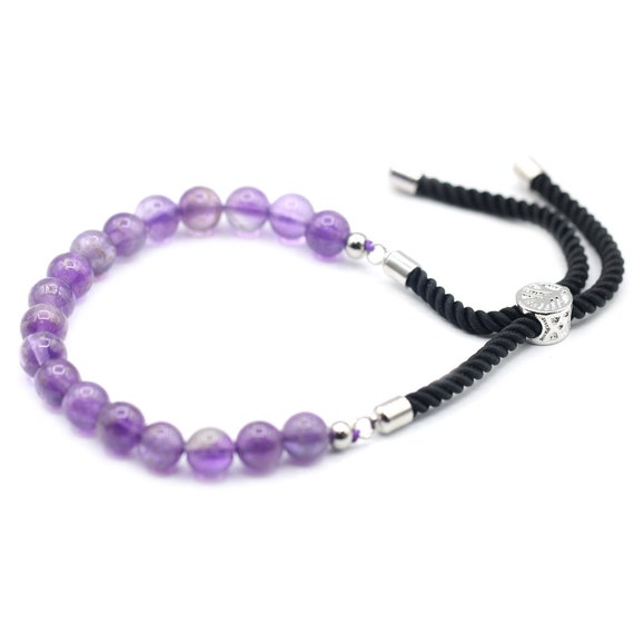 Amethyst 6mm Round Bead Semi-Precious Gemstone Bracelet 925 Silver Plated (Crystal / Healing)