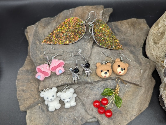 Cute Character Earrings on Fish Hook Wires. Plastic, PU Leather. Choice of Styles/colours.