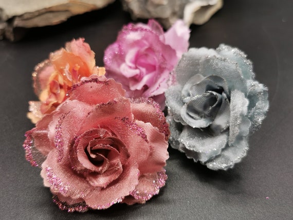 Cute Vintage Rose Fabric Adjustable Rings. Choice of Colours - Orange, Grey-Blue, Dusky Pink, Lilac. With glitter accents.
