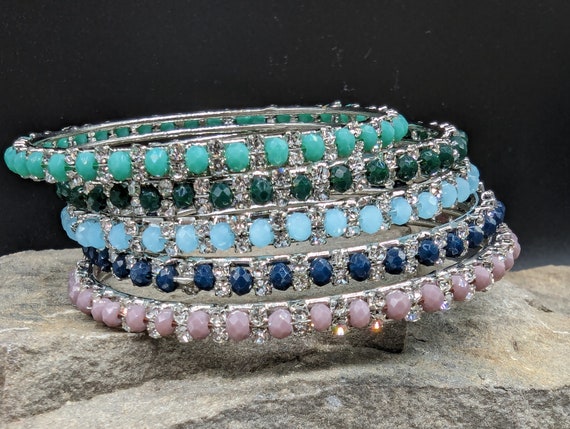 Stunning Indian Silver-Coloured Metal Bangles with Faceted Beads and Crystals; Choice of Colours & Sizes