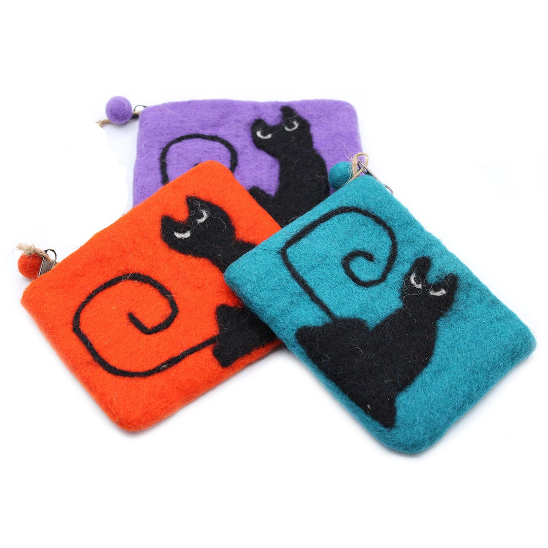 Natural Felt Zipper Pouch Black Cat Etsy UK