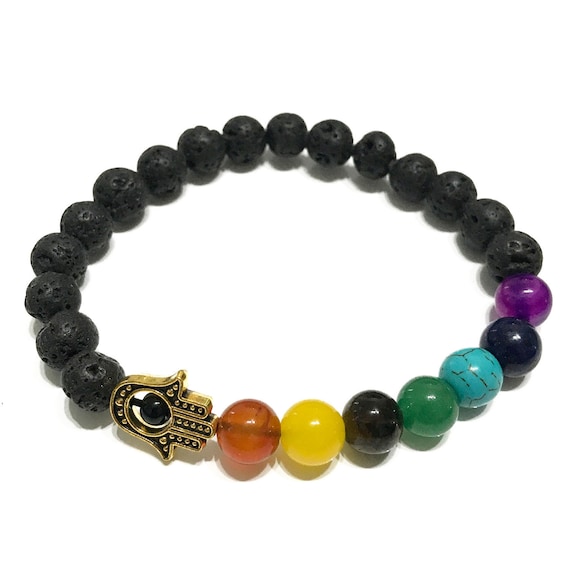 Lava Stone Bracelet on Stretch Elastic Cord, with Gold Coloured Metal Hamsa and Chakra Beads