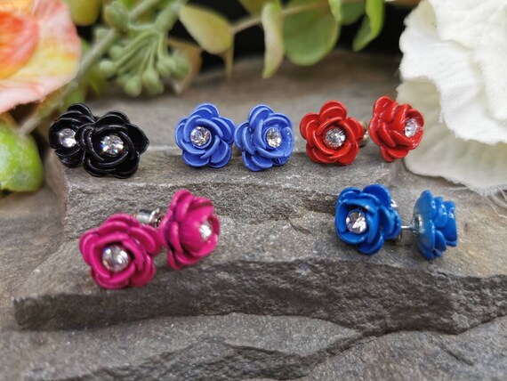 Rose Stud Earrings. Enamel & Genuine Crystal. Choice of Colours. Rhodium Plated Posts and Push-On Backs. 11.5mm Diameter.