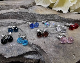 Multi-Faceted Glass Ball Stud Earrings. Choice of Colours. Rhodium Plated Posts and Push-On Backs. 7mm Diameter.