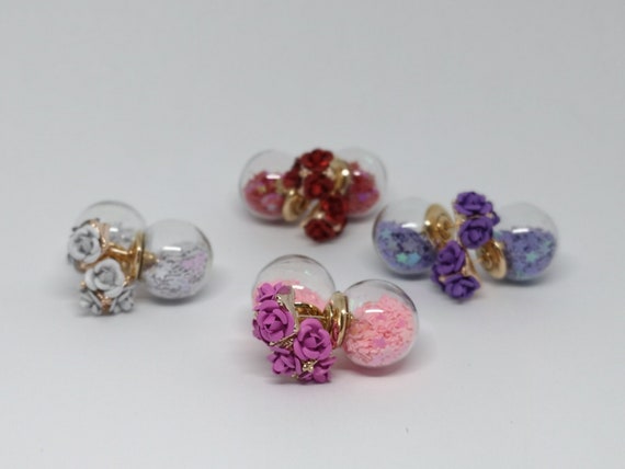 Gorgeous Back-to-Front Style Rose and Glitter Confetti Earrings, Choice of Colours.