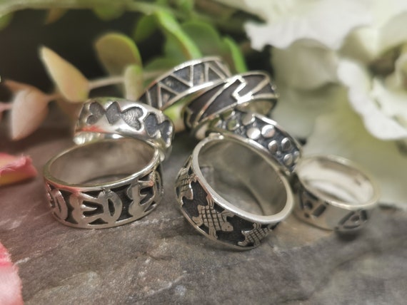 Various Styles & Patterns Tribal / Tattoo Genuine Sterling Silver Ring. Oxydized to Show Engraved Detail. Thick Band. Various Sizes.