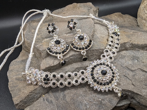Indian Style Adjustable Necklace, Earrings, Maang Tikka. Silver Coloured Metal, Set with Black and Clear Crystals.