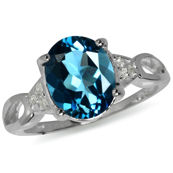 3.11ct. 10x8MM Oval Genuine London Blue & White Topaz 925 Silver Ring. UK Size K1/2