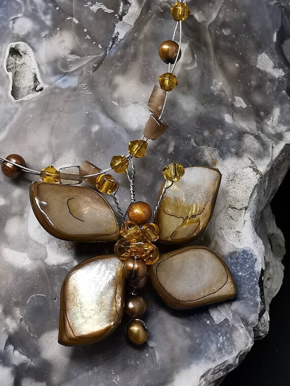 Brown & Gold Butterfly Shaped Mother of Pearl Pendant on Stainless Steel Necklace with Mother or Pearl, Pearl and Crystal Beads.