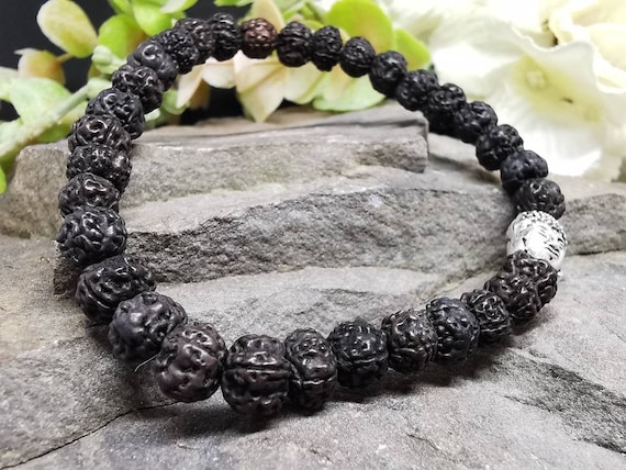 Black Rudraksha Buddha Bracelet - Coconut Wood Beads (Approximately 8mm diameter) with Silver Colour Buddha Head Accent Bead