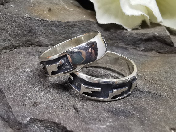 Aztec / Tribal Genuine Sterling Silver Ring, Oxydized to Show Engraved Detail. Thick Band. UK Size S