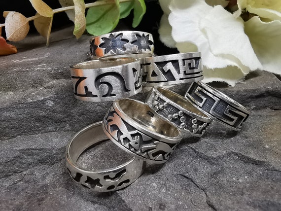 Various Styles & Patterns Tribal / Tattoo Genuine Sterling Silver Ring. Oxydized to Show Engraved Detail. Thick Band. Various Sizes.