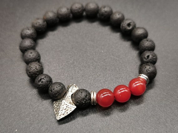 Lava Stone Bracelet on Stretch Elastic Cord, with Silver Coloured Metal Axe Head Bead and Carnelian Beads