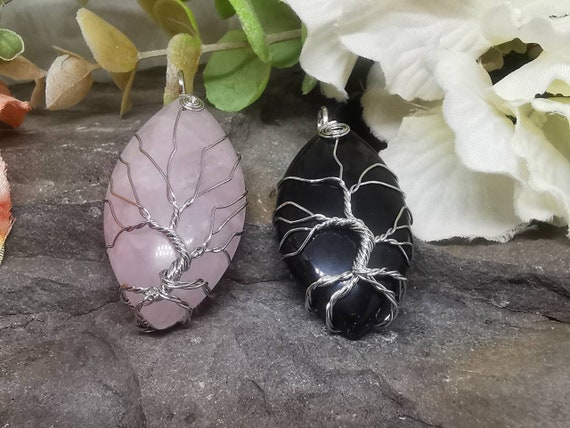 Oval Rose Quartz or Black Onyx Tree Of Life Pendant, Wrapped in Silver Coloured Hypoallergenic Metal Wire (Crystal / Healing)