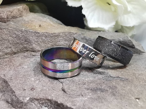 Stainless Steel Rings, Various Styles, Engraved, Sparkly, Rainbow, UK Size M