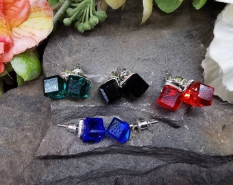 Multi-Faceted Crystal Cube Stud Earrings. Choice of Colours. Rhodium Plated Posts and Push-On Backs. 8mm x 8mm