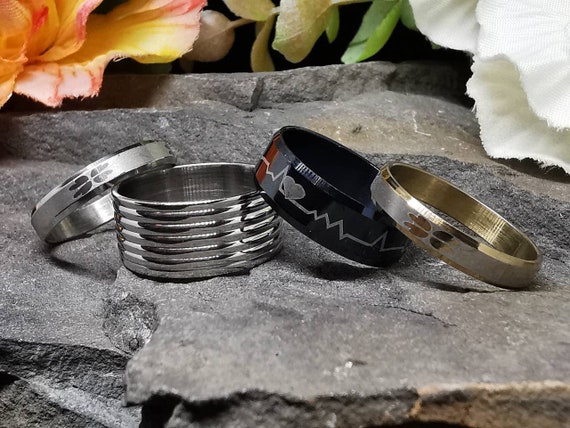 Stainless Steel Rings Various Styles & Colours, Etched, Hearts, Heartbeat, UK Size W
