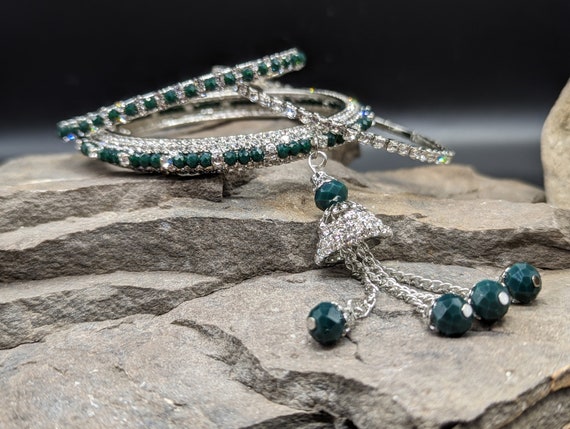 Stunning Indian Silver-Coloured Metal Bangles with Crystals and Faceted Green Glass Beads; Choice of Styles