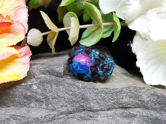 Vintage Blue, Pink and Purple, Reversible Beaded Elasticated Ring (Size - adjustable/elastic)