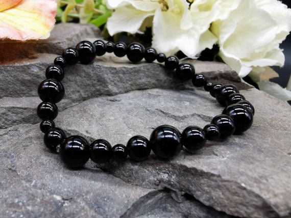 Black Agate 4mm, 6mm and 8mm Round Bead Semi-Precious Gemstone Bracelet (Crystal / Healing)