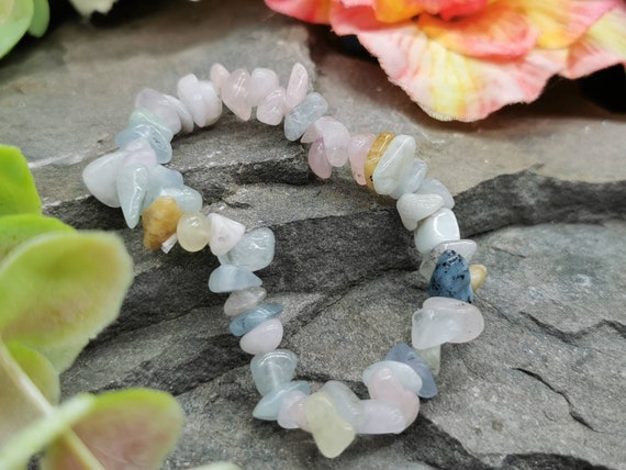 Pink, Blue, White, Yellow and Green Genuine Morganite Chip Semi-Precious Gemstone Healing Bracelet (includes free gift bag)