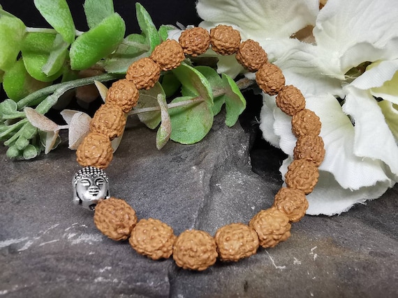 Light Brown Rudraksha Buddha Bracelet - Coconut Wood Beads (Approximately 8mm diameter) with Silver Colour Buddha Head Accent Bead