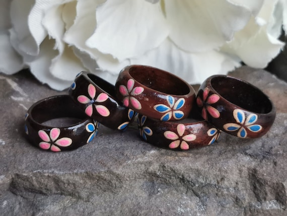 Wooden Hand Painted Ring 8mm thick Sizes I1/2, J1/2, N1/2, R