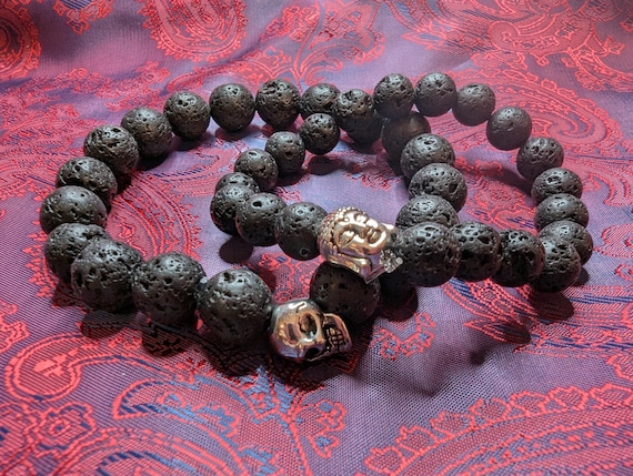 Lava Stone Bracelet with Stainless Steel Skull or Tibetan Alloy Buddha Head, on Stretch Elastic Cord