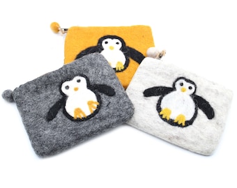 Pochette zippée en feutre naturel - Pingouin mignon