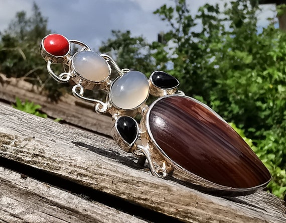 Huge Jasper, Chalcedony, Black Onyx & Red Coral Pendant. Sterling Silver. Crystal/Healing