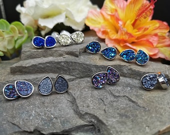 Sparkling, Teardrop shaped Druzy Quartz Stud Earrings - Choice of Colour