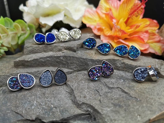 Sparkling, Teardrop shaped Druzy Quartz Stud Earrings - Choice of Colour