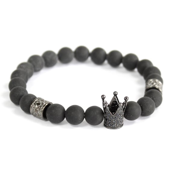 Black Agate 'Queen' Bracelet with Sparking Crown and Silver/Pewter Coloured Accent Beads (Crystal / Healing)