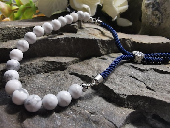 White Howlite 6mm Round Bead Semi-Precious Gemstone Bracelet 925 Silver Plated (Crystal / Healing)