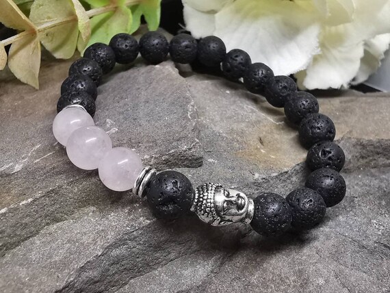 Lava Stone Bracelet on Stretch Elastic Cord, with Silver Coloured Metal Buddha and Rose Quartz Beads