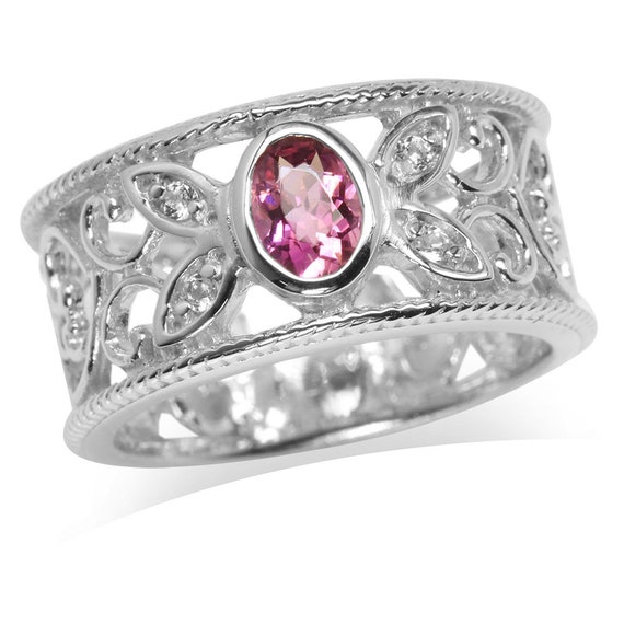 Natural Tourmaline & White Topaz, Rhodium, White Gold Plated, 925 Sterling Silver Filigree Band Ring, Size Q1/2