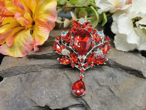 Huge, Stunning, Crystal Brooch Set With Red Gems In Faux Silver. Large Pin On Back. Measuring 98mm x 66mm