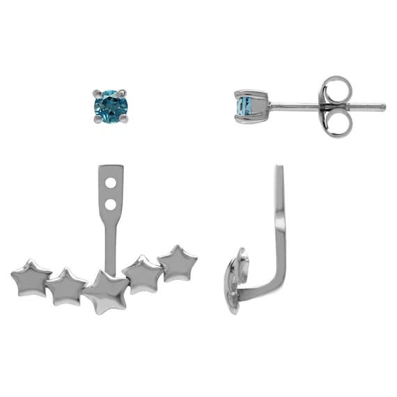 Genuine London Blue Topaz 925 Sterling Silver 5-Star 2-Way Stud & Ear Jacket Earrings